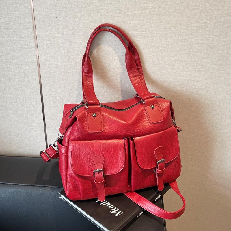 Vintage tote bag women's large-capacity multi-pocket shoulder bag women's commuting soft leather oblique straddle handheld women's bag