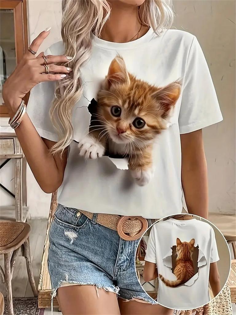 2025 Damen T-Shirt Lässig Mode Kurzarm Neu Lustig Cartoon Tier Katze 3D Druck T-Shirt Für Damen Tägliches Oberteil