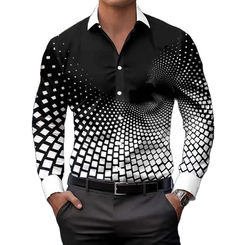 Men S Fashion 3d Print Long Sleeve Shirt Casual Geometric Pattern Youth Shirt M белый