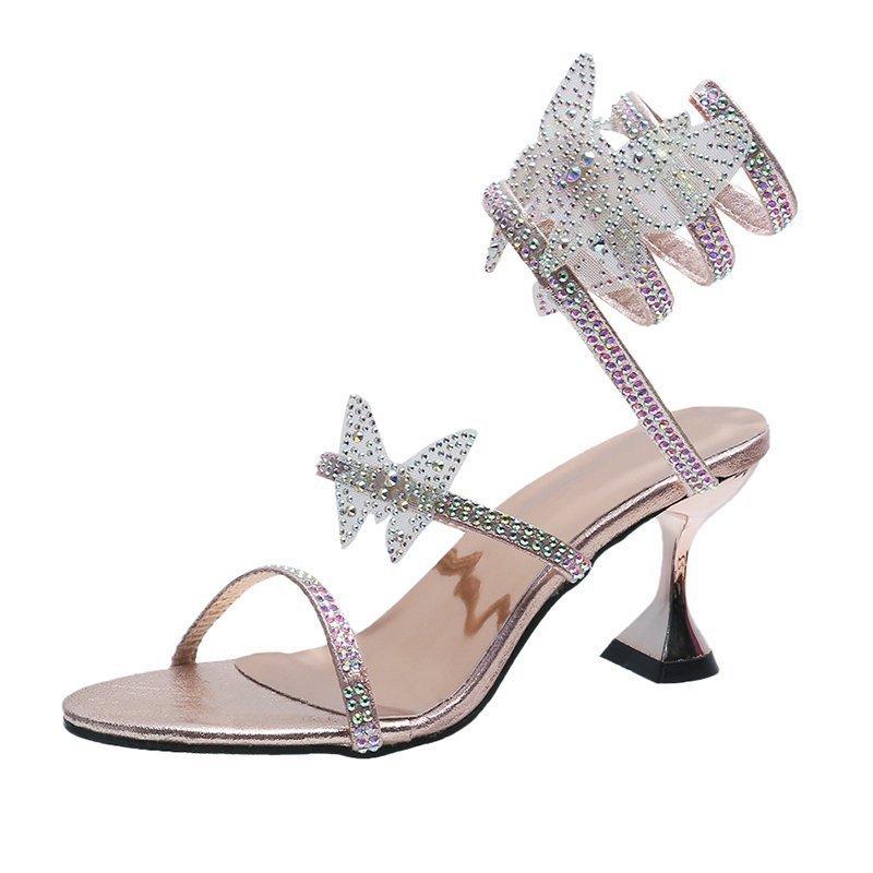 Rhinestone serpentine winding sandals female 2025 summer new high heels butterfly flower stiletto fairy style fashion sandals