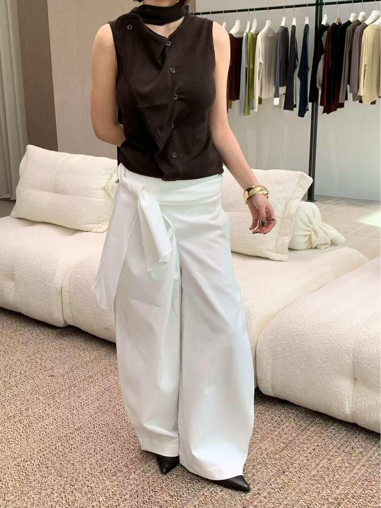 

Women s Organic Cotton Lace-Up High-Waist Wide-Leg Pants - White, Draping, Slimming & Floor-Length Casual Fit Small белый