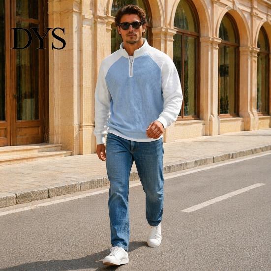 Breathable Outdoor Activewear Men Waffle Sweatshirt, Long Sleeve Quarter Zip Contrasting Color Mens Sweatshirt Casual Stand Collar Pullover Shirt for