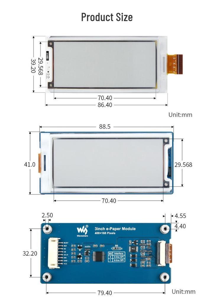 3" E-Paper Display Modul - Rot/Gelb/Schwarz/Weiß, 400x168 Auflösung.