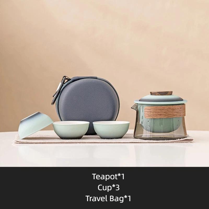 Portable Travel Tea Set with Bag – Ceramic Teapot and 3 Cups for Outdoor Camping & Home Brewing