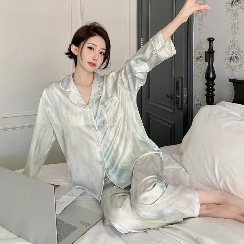 Damenpyjama im koreanischen Stil aus Seidenimitat - Langärmeliges zweiteiliges Set mit Tuschemalerei für Frühling und Herbst
