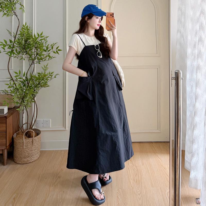 Summer Maternity Set: Stylish Lazy Style Short-Sleeve Top & Loose Plus Size Suspender Skirt 2-Piece L