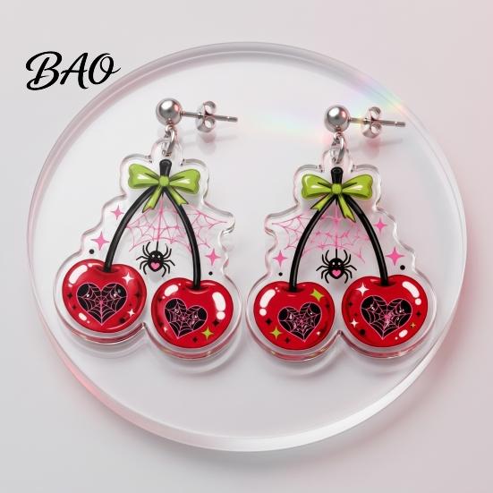 Gift for Girls Friends 1 Pair Acrylic Cherry Earrings Women, 2D Fruit Dangle Drop Spider with Web And Bow, Punk Jewelry Halloween Party Versatile