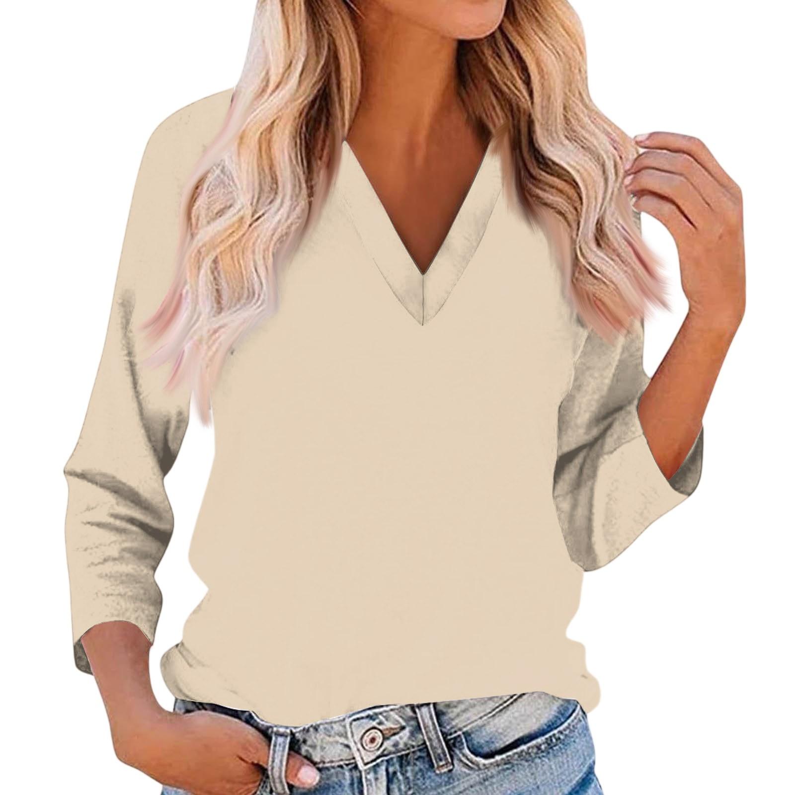 

omen s Casual And Fashionable Solid Color V-Neck Top With Seven Quarter Sleeves Top L бежевый