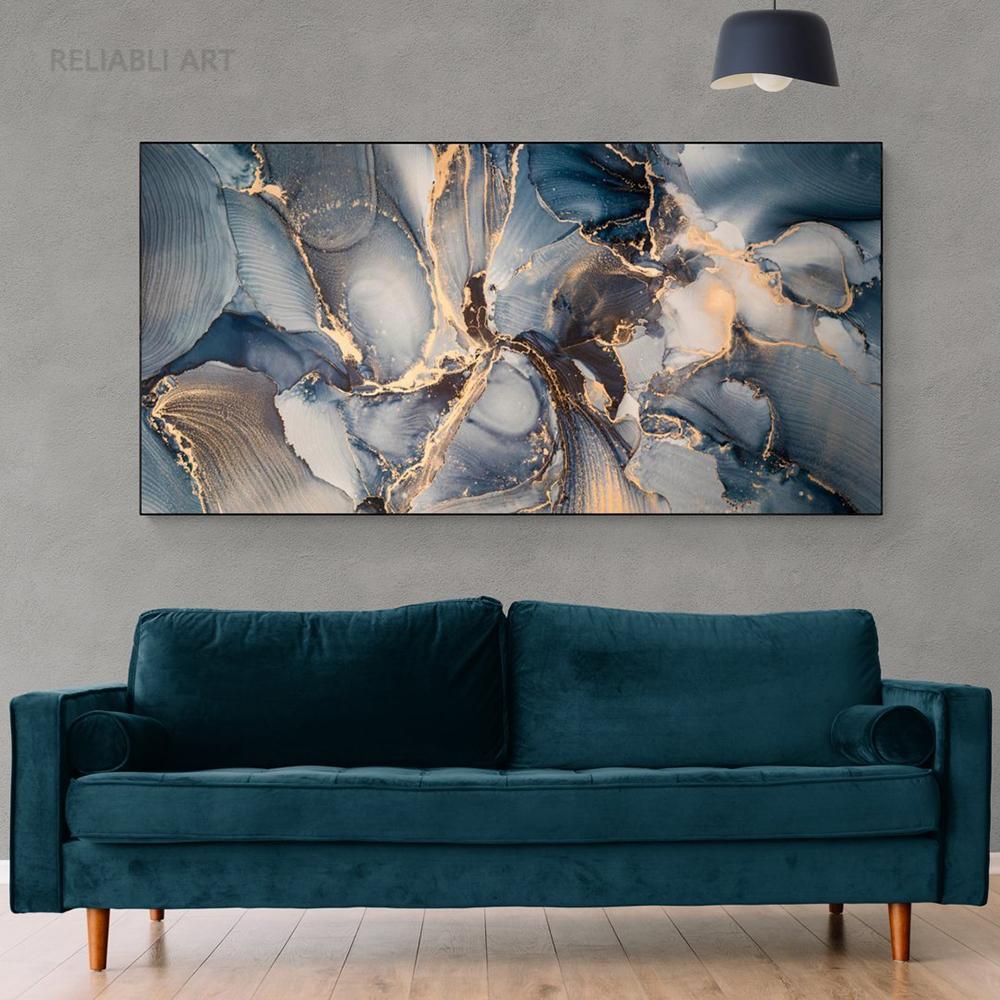 Abstract Dark Gray Blue and Gold Fluid Art Canvas Painting Luxury Gold Foil Posters and Prints for Living Room Decor Cuadros