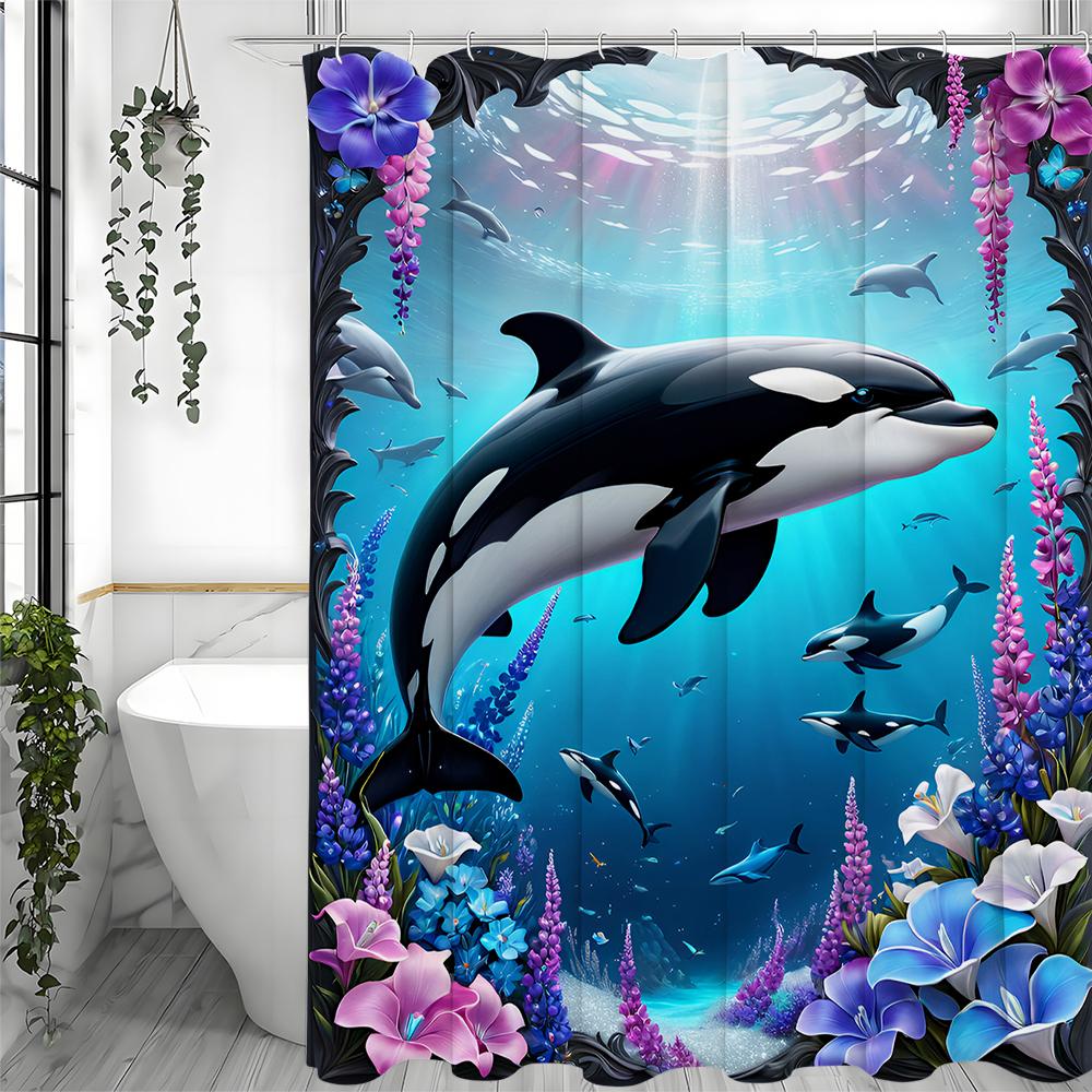Underwater World Floral Dolphin Shower Curtain, Bathroom Decorative Shower Curtain, Waterproof Shower Curtain with Hooks