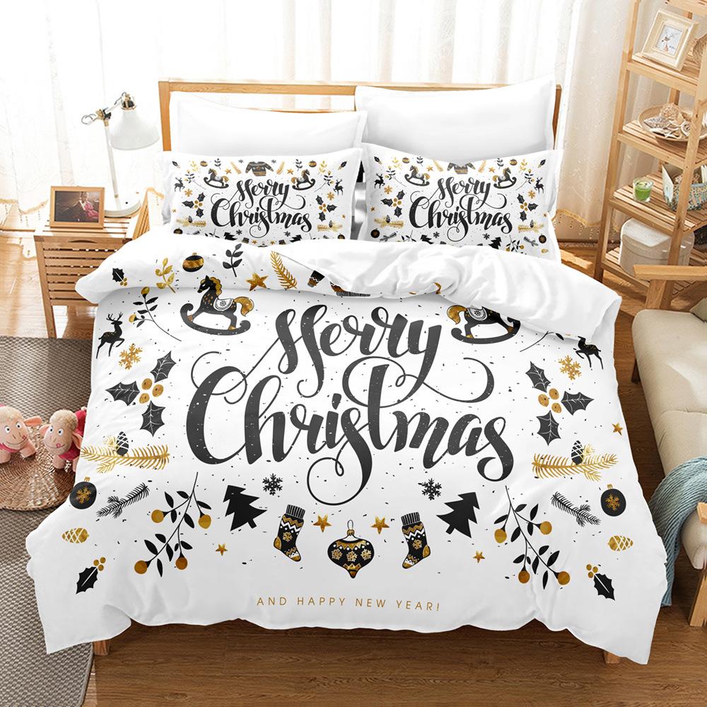 3D Happy New Year Bedding Set Christmas Happy Duvet Cover Pillowcase 2/3 Holiday Gift AU/EU/ES/DE Full Size Quick Drying Soft Home Textile