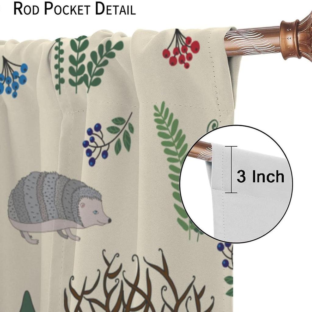 Kids Forest Animal Curtains, Rustic Cute Wild Animal Fox Deer Hedgehog Window Treatments Farmhouse Woodland Window Drapes For