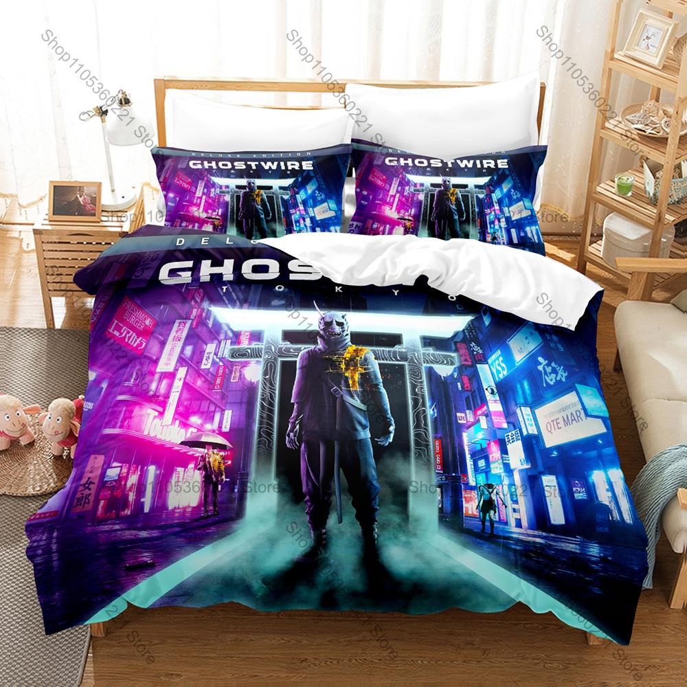 Cool Icon Akito Warrior Graphic Ghostwire Tokyo Gaming Bedroom Decor Bedding Duvet Cover + 2 Pillowcases Horror Game Fan Room De