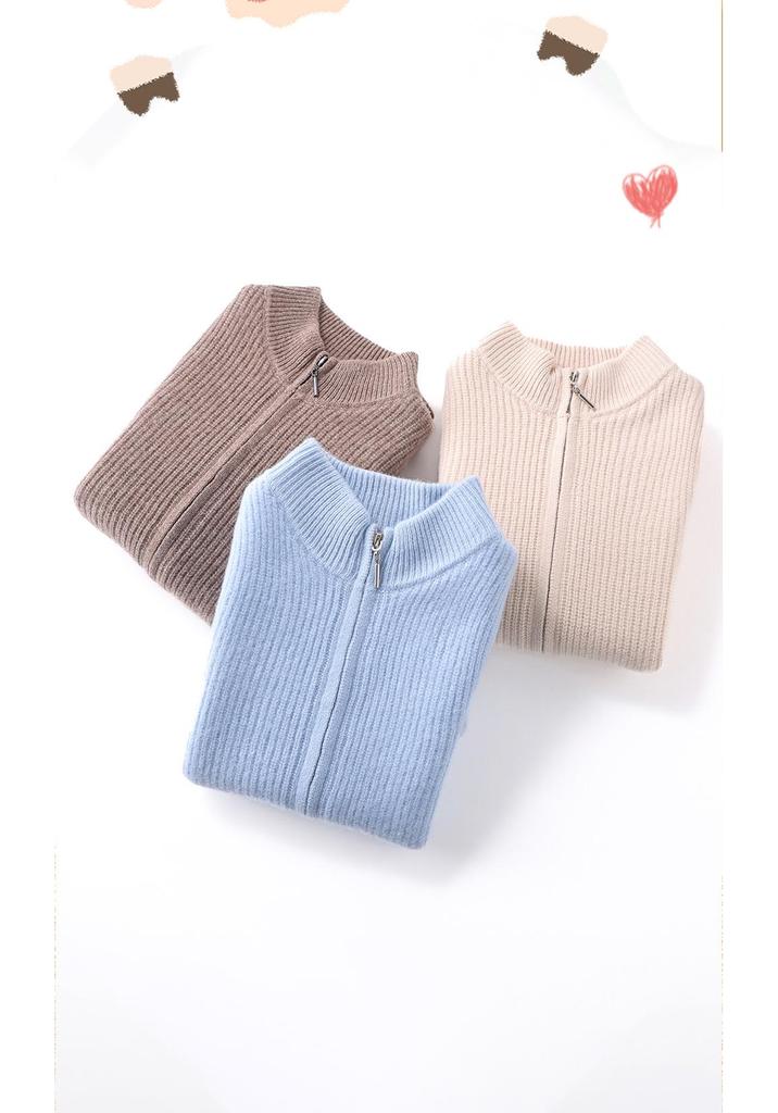 Kids' Unisex Wool Zip Cardigan: Half-Collar, Long-Sleeve Fashion Sweater