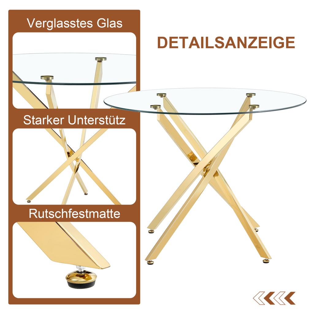 Round Dining Table In Luxurious Light Design with 88 Cm Diameter. Tempered Glass with Gold Metal Frame, Suitable for Dining Areas. For 2–4 People.