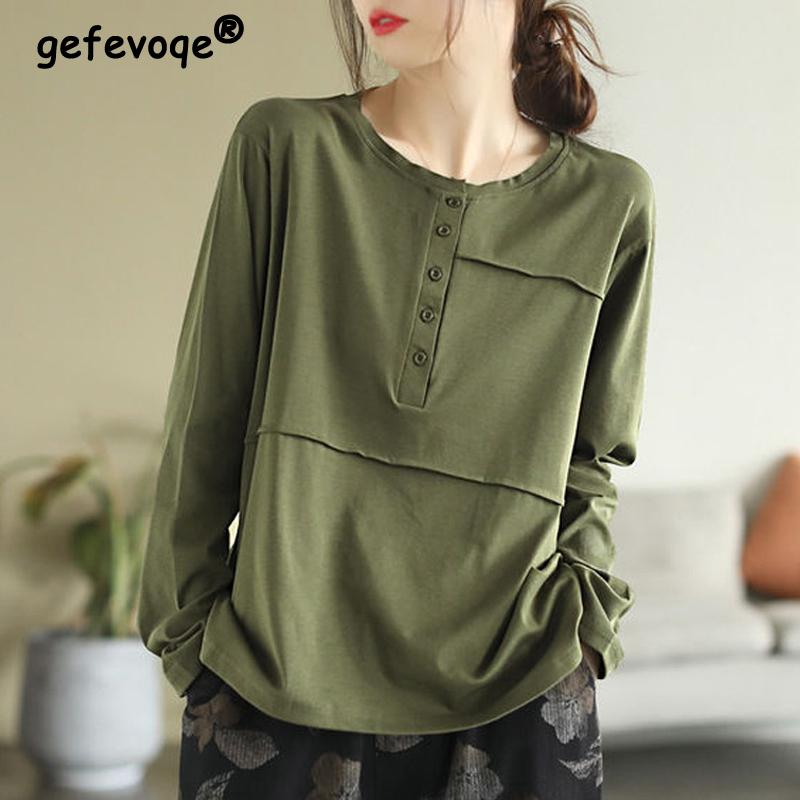 

Женская мода Винтажные однотонные футболки с длинным рукавом на пуговицах 2024 Новые весенне-осенние простые повседневные топы-пуловеры с круглым вырезом свободного кроя XXXL зелёный