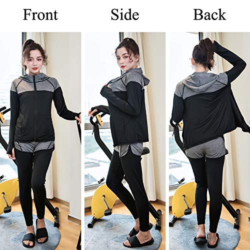 Teddy Women's 5-Piece Fitness Swimsuit Set: Long Sleeve Rash Guard, Rash Leggings, Shorts, and Sports Bra (Gray, Size 2XL, hys1323)