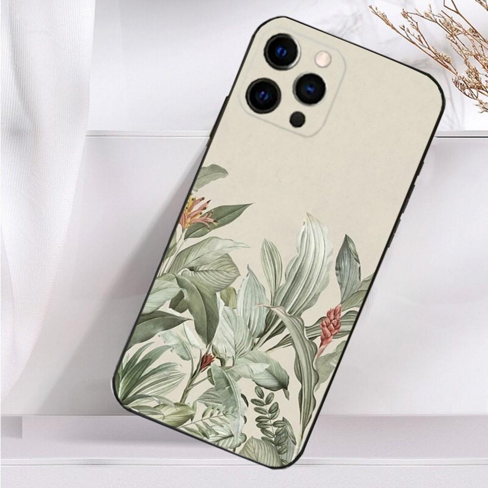 Painting Art Botanical Phone Case For iPhone 16,15,14,13,12,11 Plus,Pro Max,XS,X,XR,SE,Mini,8,7 Soft Silicone Black Cover