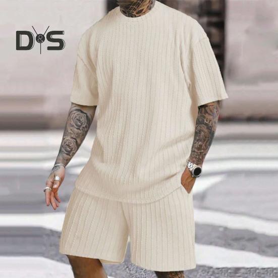 2Pcs/Set Men Sports Suit O-Neck Short Sleeve T-shirt Elastic Waist Wide Leg Shorts with Pockets Set Jacquard Texture Running Wear