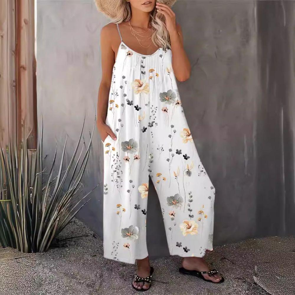 

Fashion Spring and Summer Casual Women s Suspender Trousers Autumn Loose and Breathable Style Printed Sleeveless Jumpsuit for Women XS білий