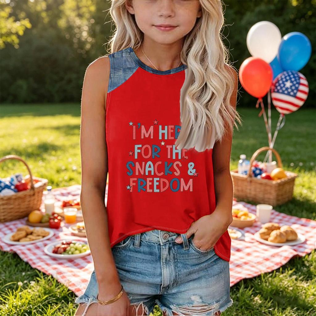 Girls Sleeveless Tank Top Loose Fit Round Neck T Shirt Independence Day Denim Print Casual Summer Tee for Kids