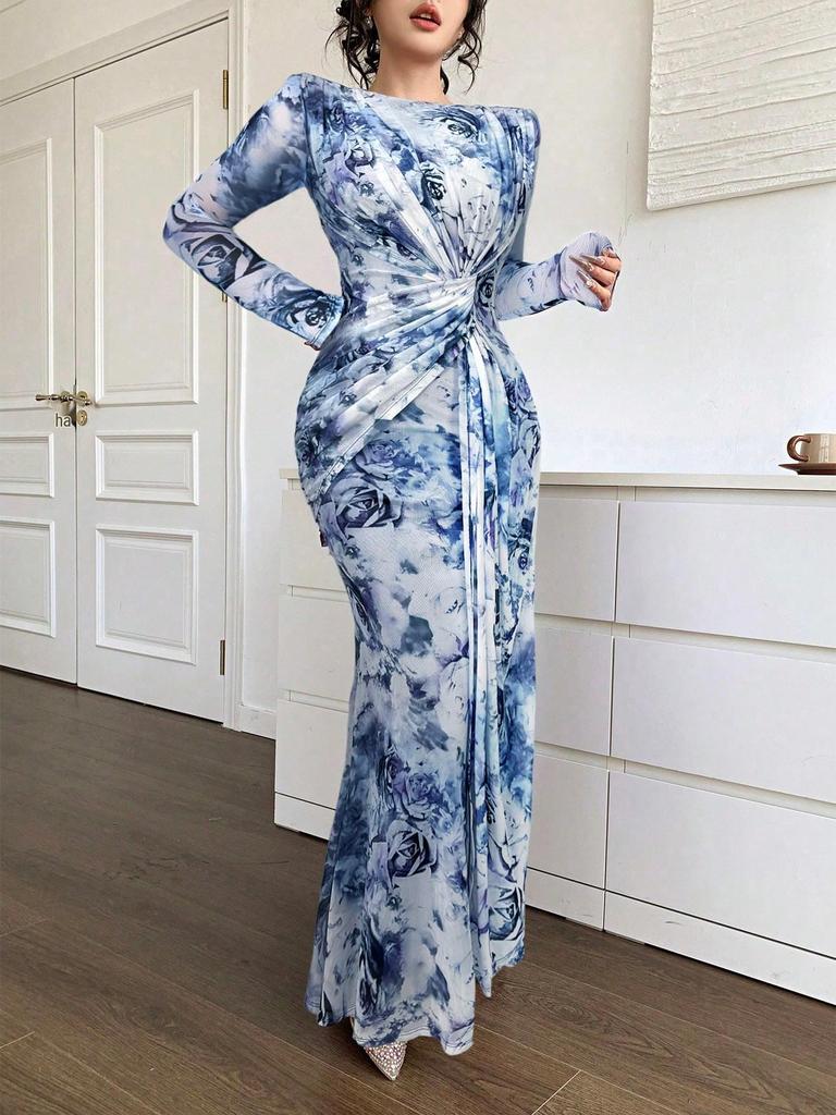 2025 Summer European & American U-Neck Long Sleeve Patchwork Slim Fit Printed Women's Dress