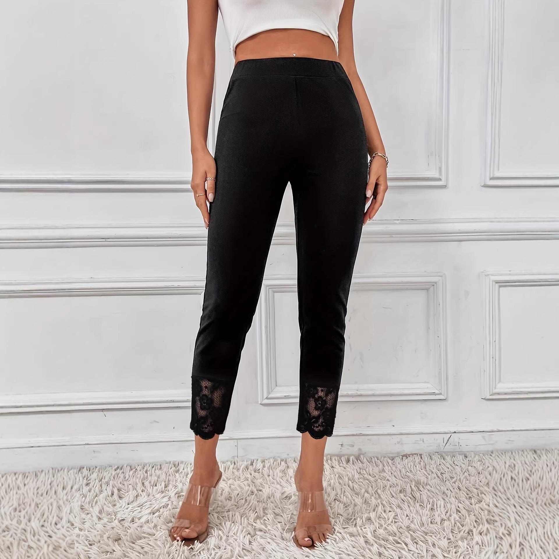 European and American women s clothing four seasons casual solid color fashion lace splicing leggings elastic nine-point leggings S