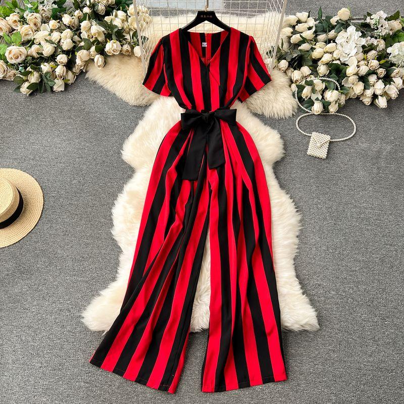 

European and American Color Matching Striped Lace-up Waist-Tight Long Jumpsuit Red One size
