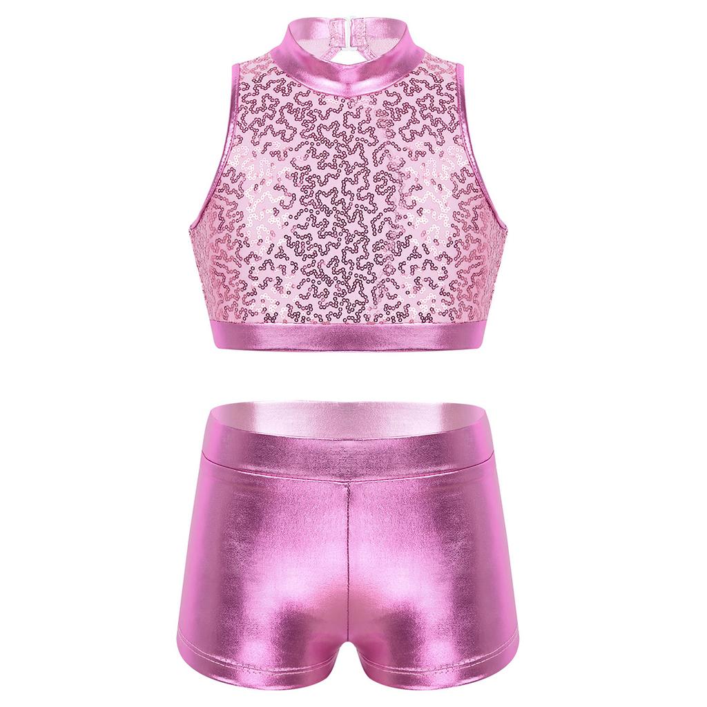 Kids Girls Two-Piece Dance Set Sequined Sleeveless Crop Top Metallic Bottoms Performance Outfit