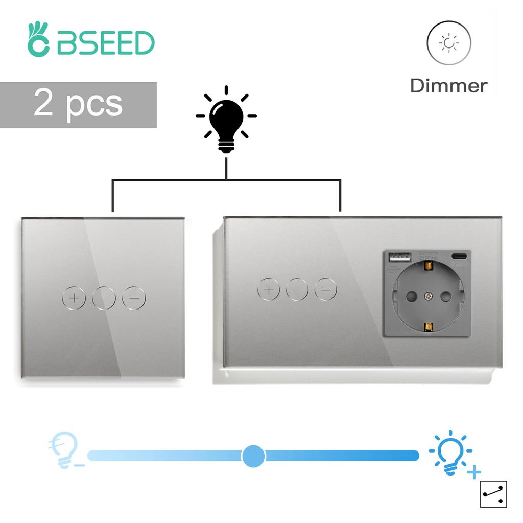 BSEED LED Touch Dimmer Schalter Wanddimmer 1-fach 2-Wege Sensor Schalter Plus EU Steckdosen USB Typ-c Gehärtetes Glas Wasserdicht 2er Pack
