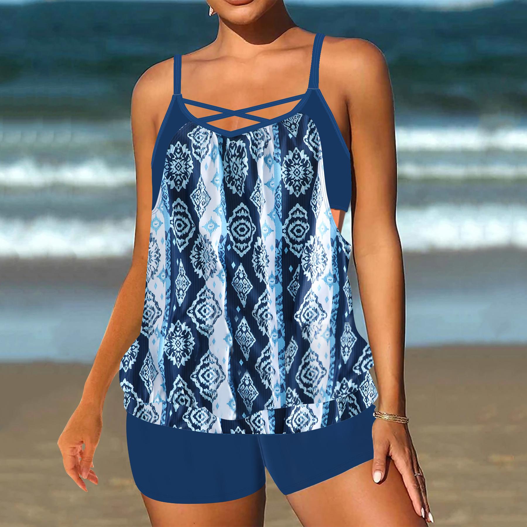 

Женский купальник-бикини с лямкой на шее, слегка видимый кружевной принт и танкини 4XL темно-синий