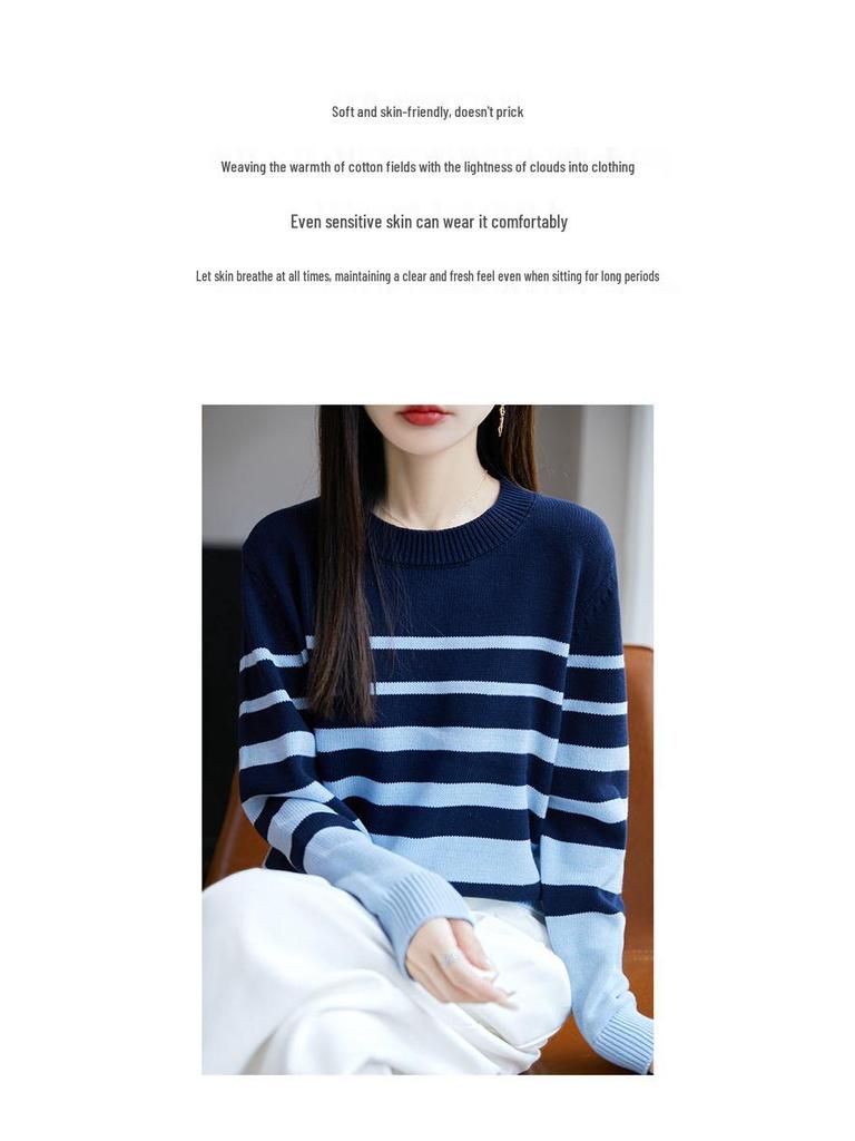 Damski gruby bawełniany sweter w paski na Jesień/Zimę 2025 - 100% Bawełna Okrągły Dekolt Dzianina