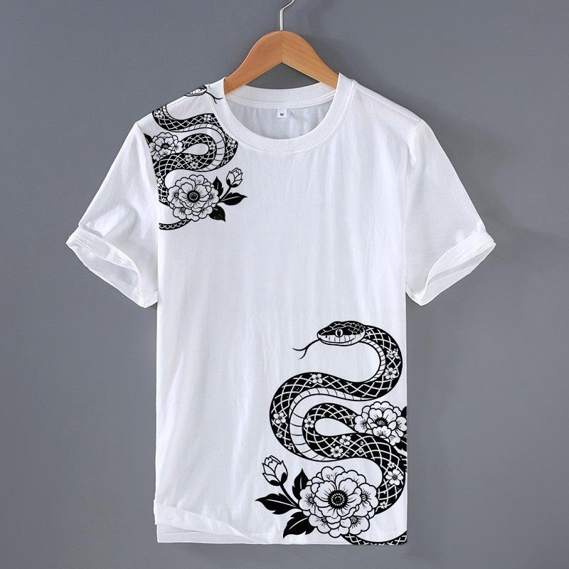 Simple Fashion Snake Pattern T Shirts For Men Classic Retro Style Men's Trendy All-Match High Street T-shirt Cool Oversized Tees