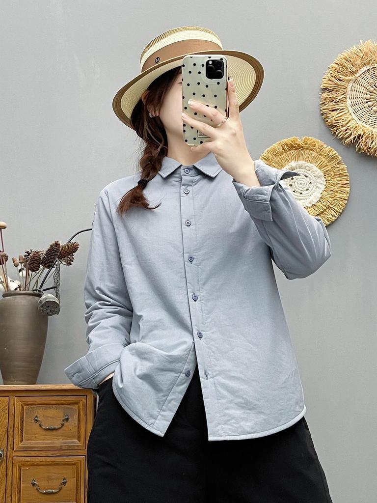 Women's Solid Color Cotton-Padded Shirt Jacket with Pointed Collar - Autumn/Winter Warm Top 86551