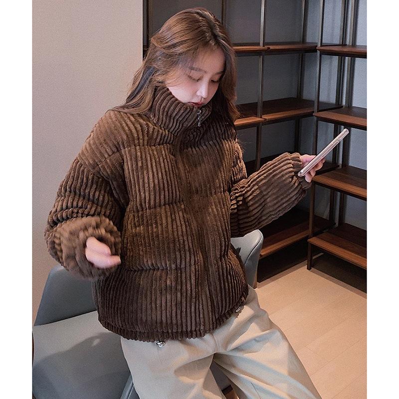 Autumn and winter age reduction pink tender skin white stand-up collar pit strip design loose corduroy cotton clothes short coat women