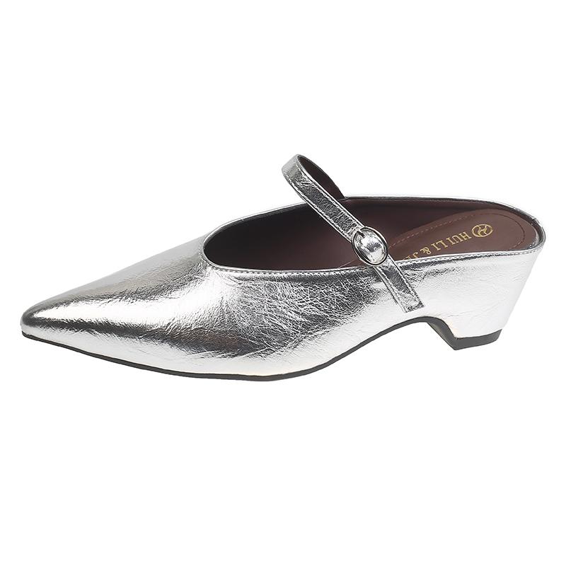

One-word Belt Baotou Half-drag Women Wear Spring and Summer New Pointed Toe Temperament Half-slope Heel Cool Drag 40 срібний