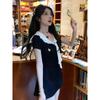 Dress with Ribbon Waist-Cinching Short Sleeves and Bodycon Skirt for Women, Early Spring College Style Sweet Youthful Waist-Cinching Short Dress
