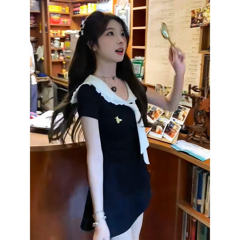 Dress with Ribbon Waist-Cinching Short Sleeves and Bodycon Skirt for Women, Early Spring College Style Sweet Youthful Waist-Cinching Short Dress