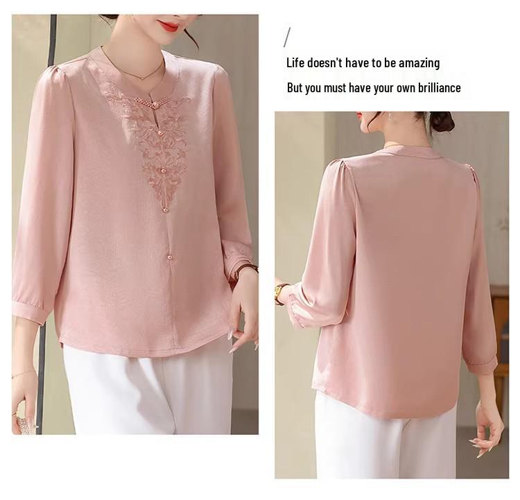 Mom's Spring Style: New 2026 Chinese-Inspired Blouse for Middle-Aged & Elderly Women - Round Neck, Thin Fabric