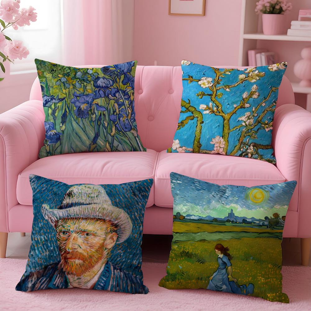 Van Gogh Oil Painting Cushion Cover Plush Fabric Soft Double-Sided Printed Sofa Warm Winter Home Gift Cushion Cover