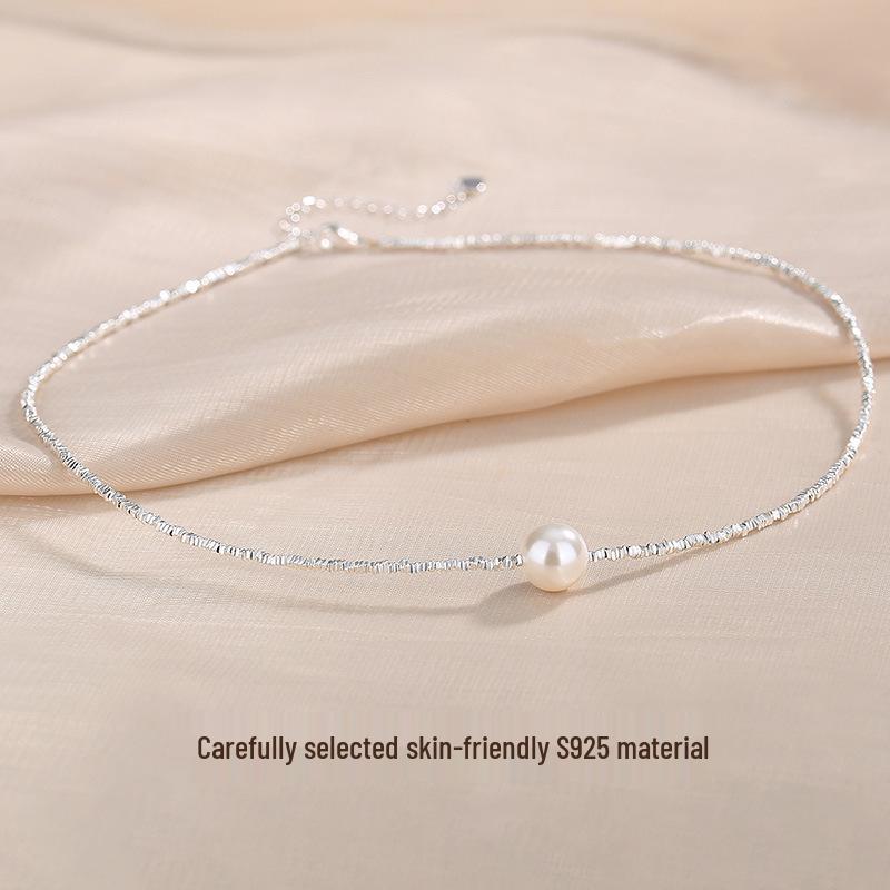 S925 Sterling Silver Round Imitation Pearl Necklace - Women's Trendy French Clavicle Chain
