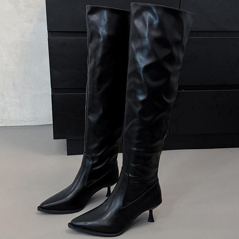 Over-the-knee Boots for Women Wear Big Tube Circumference 2025 Autumn and Winter New Suede Pointed Thin Heel High Heel Pleated Piled Boots