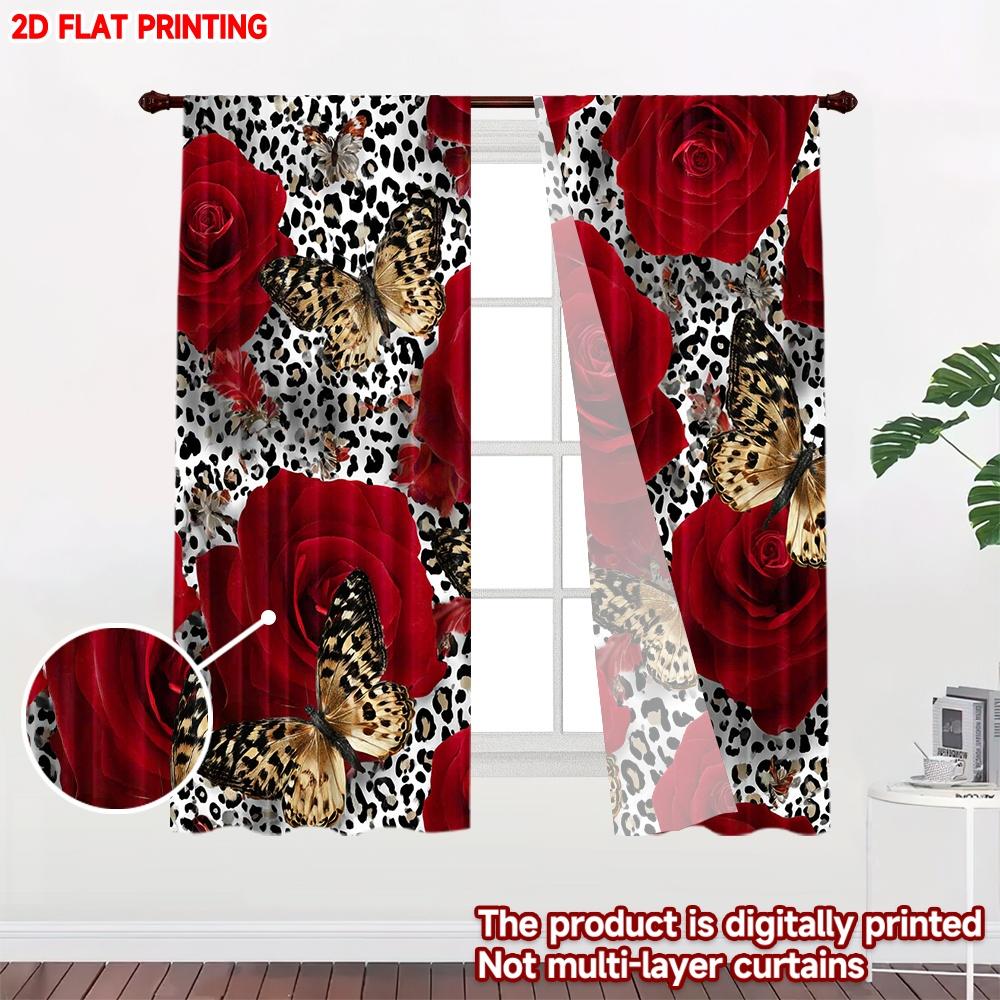 Set Of 2 Flat Printing Happy Valentine Day Curtain Romantic Red Roses Digital Printed Polyester Drapes Birthday Party