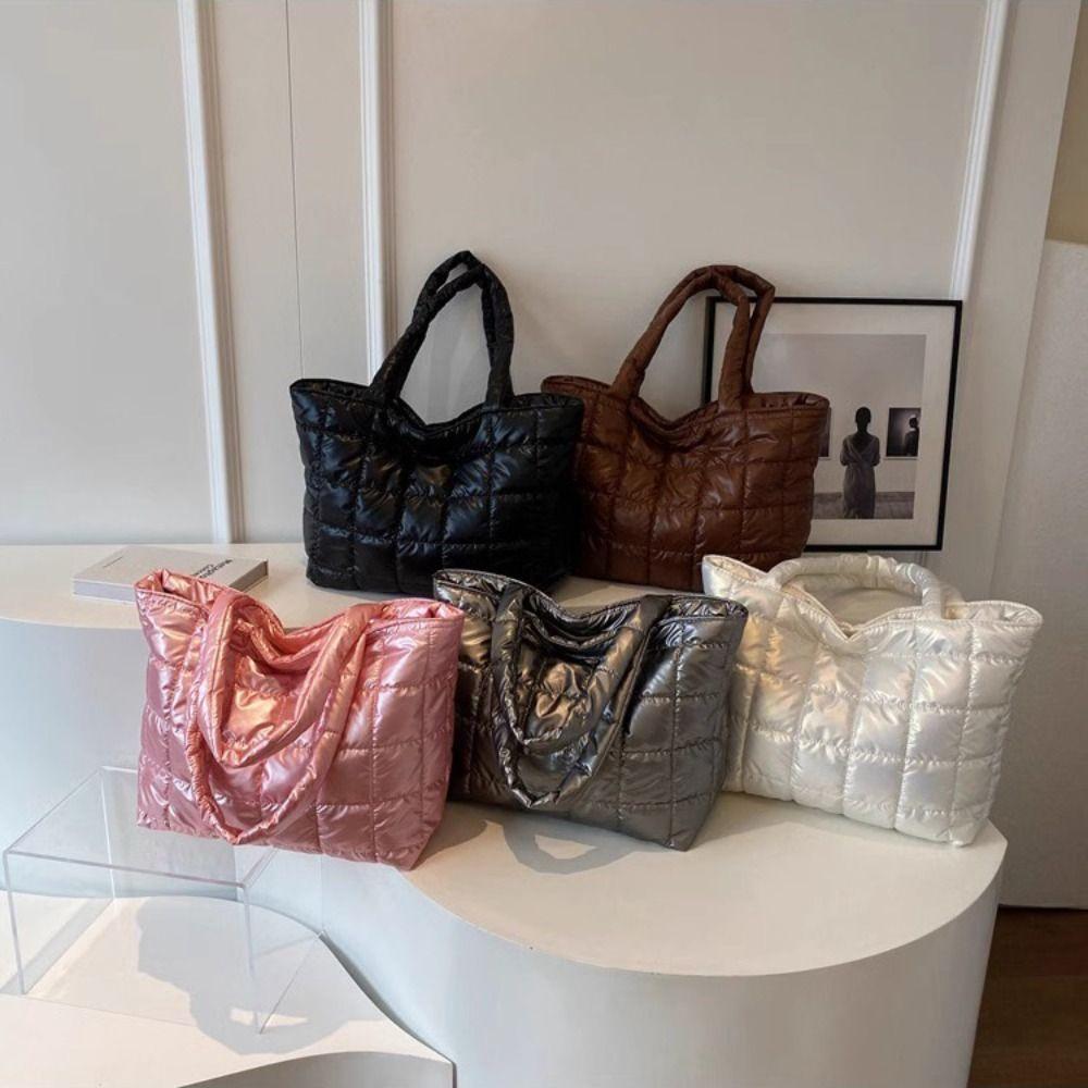 Checkered Cotton-padded Tote Bag Korean Style Puffy Bag Down Cotton Shoulder Bag  Office Worker
