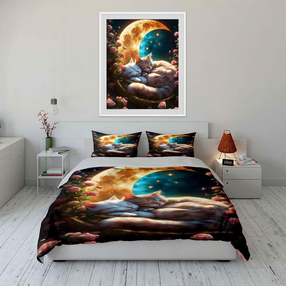 Moonlit Cats on Crescent Bed Bedding Duvet Cover Set (1*Duvet Cover 2*Pillowcases, without duvet insert)
