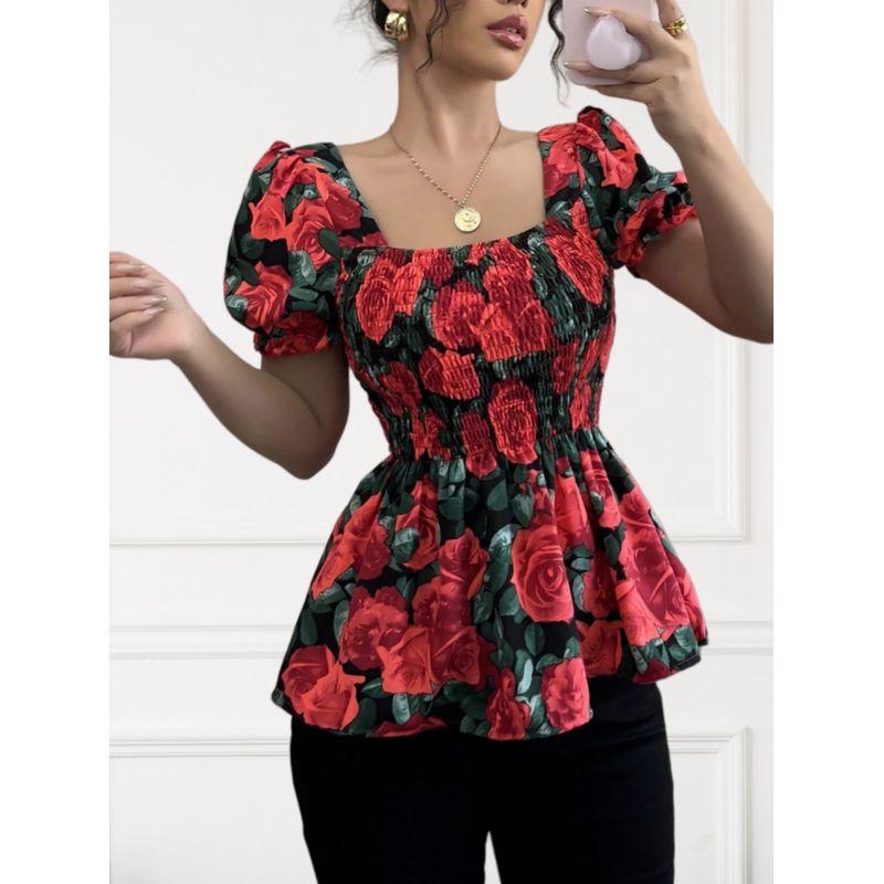 

European and American Summer New Sweet Fashion Front and Rear Square Collar Rose Print Waist Hugging Slimming Bubble Short sleeve Shirts Red XL