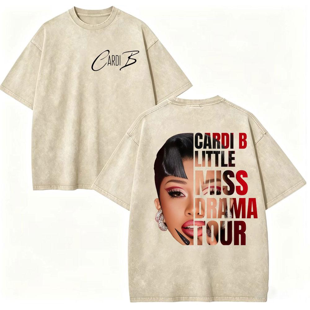 Vintage Washed Rapper Cardi B Graphic T Shirts Little Miss Drama Tour 2026 Tshirts Men Women Clothing Hip Hop Fashion Tshirt