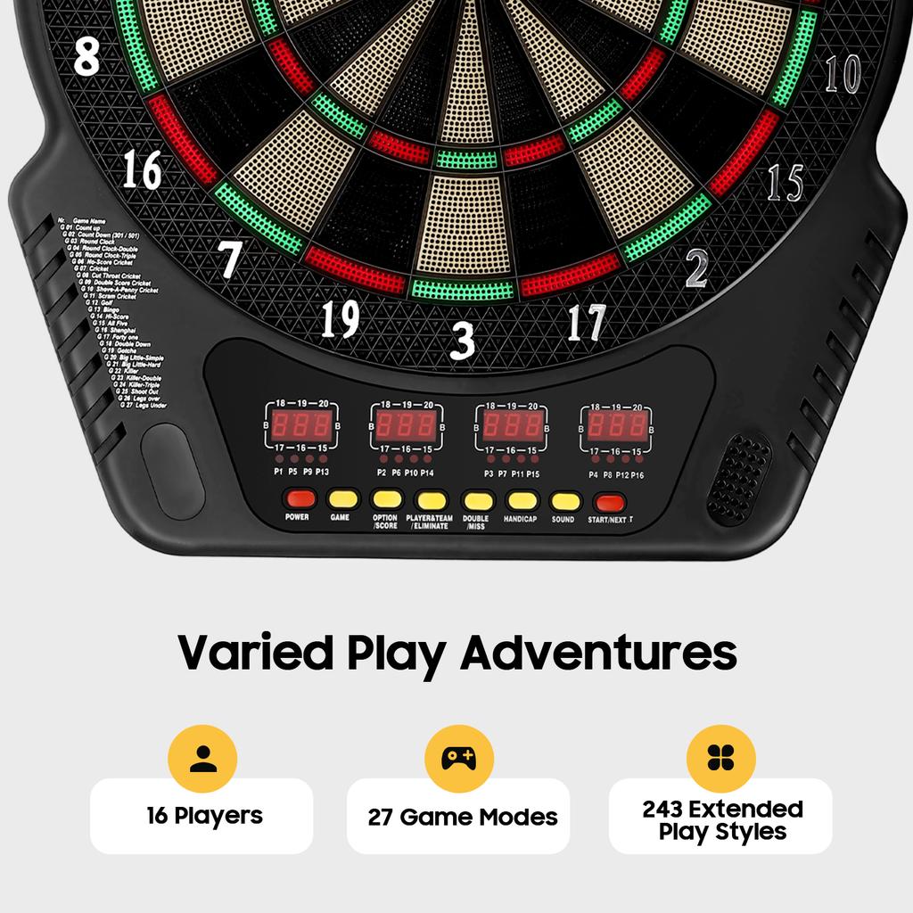 16 Player Electronic Dart Board, 27 Game Modes with Voice Prompt & LED Display, Soft Tip Darts for Home, Bar, Party Game Night
