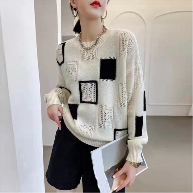 Women's Spring and Autumn Pullover Sweater Round Neck Clashing Color Plaid Vintage Long Sleeve Top