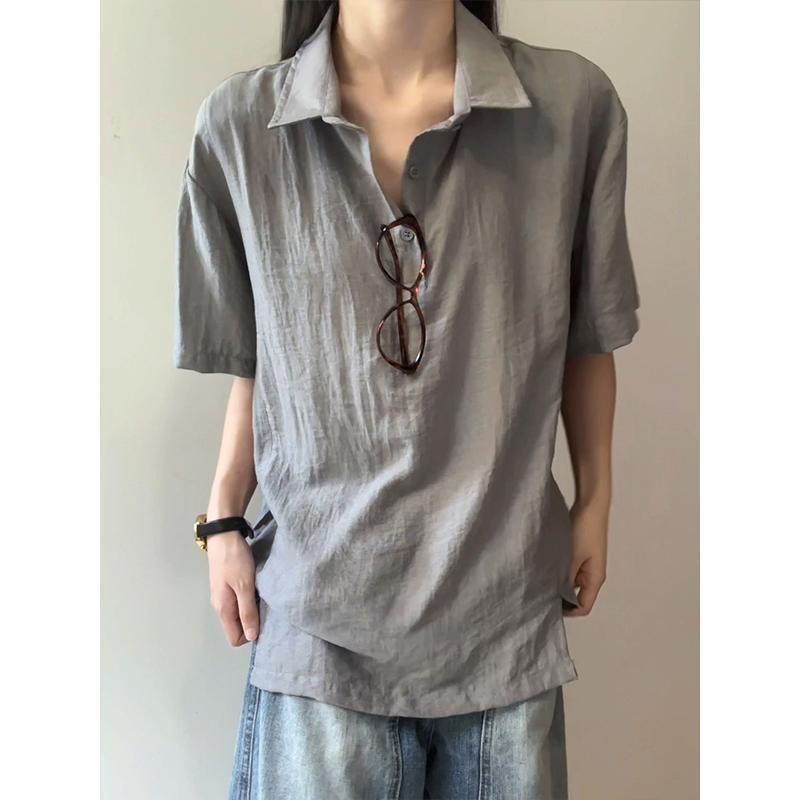 Men s Linen Blend Polo Shirt, Short Sleeve Casual Half-Button Collared Shirt With Side Slits M серый
